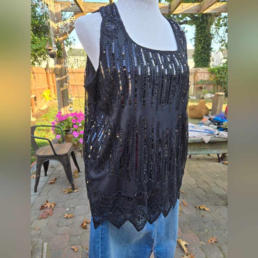 Black sequin & beaded tank top